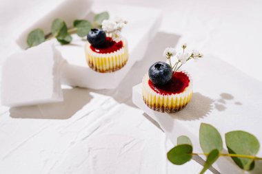 İki küçük cheesecake üzerinde canlı kırmızı jöle, yaban mersini ve narin beyaz çiçeklerle süslenmiş beyaz peçetelerin üzerinde zarif bir şekilde otururlar. Yumuşak gölgeler bu tatlı gösterisine biraz zarafet katar..