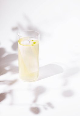 Uzun, berrak bir bardakta servis edilen parlak ve modern bir kokteyl. Üzerinde tek bir büyük buz kırıntısı ve üzerinde yüzen parlak sarı yağ damlaları var. İçki, yumuşak botanik gölgeli beyaz bir arka planda sergileniyor.