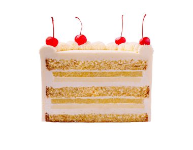 Bu lezzetli pasta, üzerinde parlak kırmızı kirazlar bulunan birden fazla yumuşak sünger, kremalı krema içeriyor. Kutlamalar ya da tatlı sevenler için mükemmel..