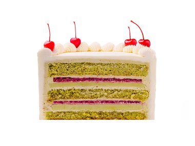 Krem şanti ve parlak kırmızı kirazlarla kaplı canlı yeşil, pembe ve beyaz katmanlı enfes katmanlı bir pasta. Şenlik ve özel durumlar için mükemmel..