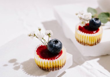 İki küçük cheesecake üzerinde canlı kırmızı jöle, yaban mersini ve narin beyaz çiçeklerle süslenmiş beyaz peçetelerin üzerinde zarif bir şekilde otururlar. Yumuşak gölgeler bu tatlı gösterisine biraz zarafet katar..