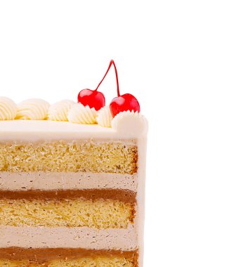 Çok güzel hazırlanmış krema ve süngerle süslenmiş, kiraz ve krema ile süslenmiş, partiler için ideal bir pasta..