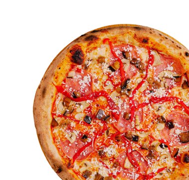 Taze pişmiş bir pizza çeşitli etler, sebzeler ve peynirle kaplıdır. Kabuğu altın sarısı ve davetkar. Arkadaşlarla ya da ailelerle paylaşmak için mükemmel..