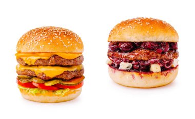 Bir hamburgerde köfte, peynir, marul ve domates katmanları yer alırken, diğerinde kiraz dolgusu ve krem peynir ile lezzet zıtlıkları vurgulanıyor..