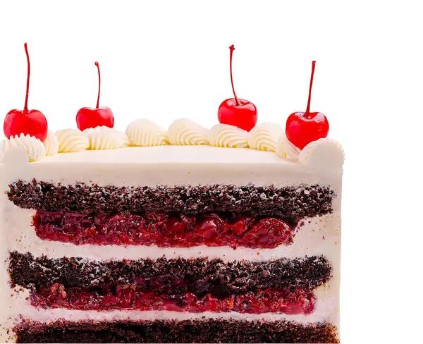 Bu tatlı, kiraz ezmesi ve kremayla dolu birçok katmanlı zengin çikolatalı pasta içeriyor. Krem şantiyle kaplanmış ve parlak kırmızı kirazlarla süslenmiş, karşı konulamaz görünüyor..