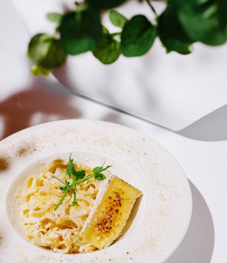 Taze otlarla süslenmiş kremalı bir tabak fettuccine ve bir dilim kızarmış peynir modern bir restoranda öğle yemeği sırasında dekoratif beyaz bir tabakta oturur..