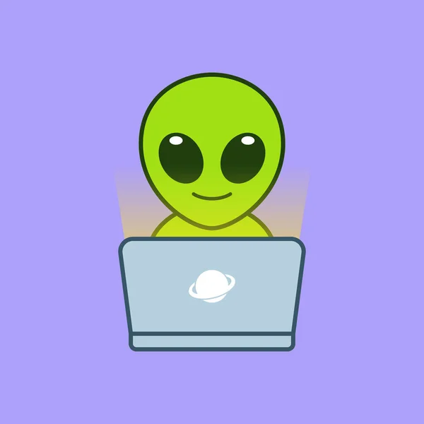 Alien Cute Menggunakan Ilustrasi Laptop - Stok Vektor