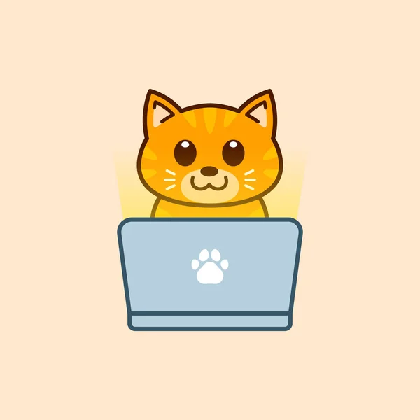 ラップトップイラストを使った可愛いタビー猫 — ストックベクタ