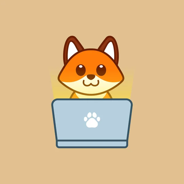 ラップトップイラストを使ったかわいい狐 — ストックベクタ