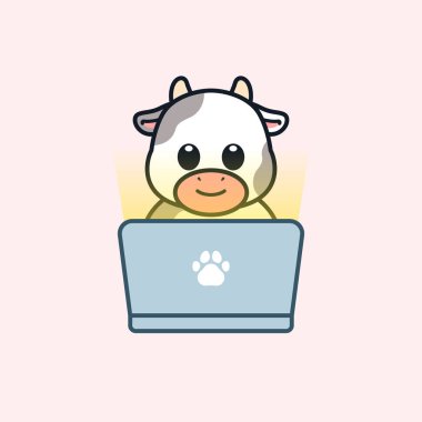 Cute Cow Using Laptop Illustration