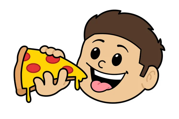 Cartoon Jongen Eten Pizza Illustratie — Stockvector