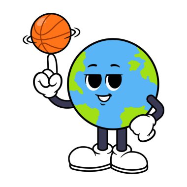 Vector Globe Karakteri Parmak Arasında Dönen Basketbol