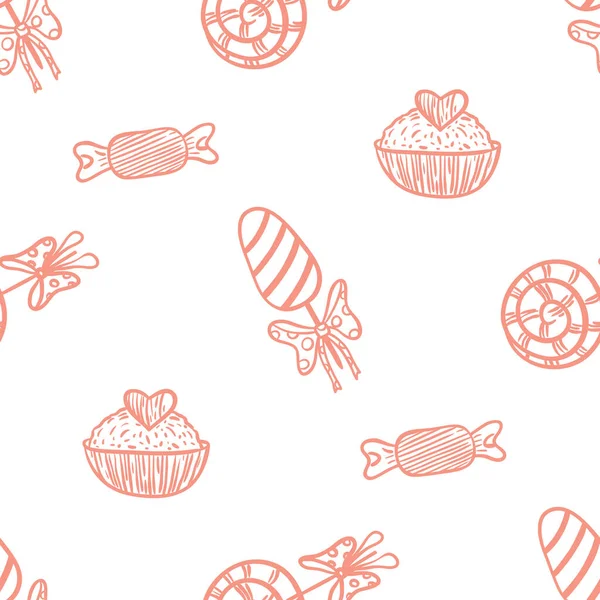 Vektor Grafik Nahtloses Muster Mit Süßigkeiten Bonbons Cupcakes Lutschern Auf — Stockvektor