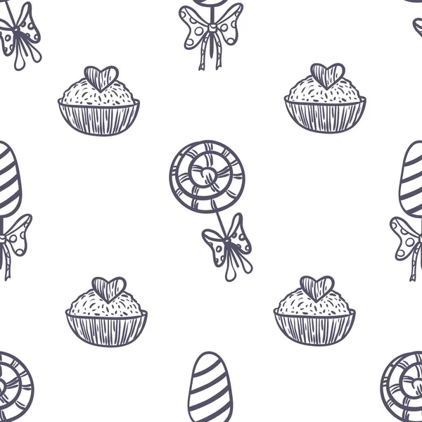 Vektor Grafik Nahtloses Muster Mit Süßigkeiten Bonbons Cupcakes Lutschern Auf — Stockvektor