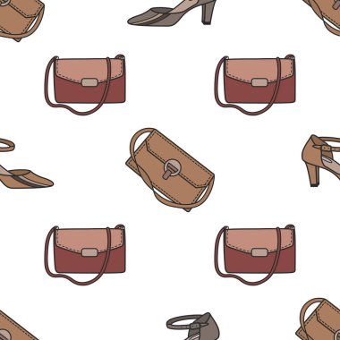 Moda koleksiyonu. Kadın aksesuarları, giysileri ve mücevherleri olan kusursuz bir model. Kadın çantaları, ayakkabıları, küpeleri ve ayakkabıları