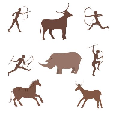 Eski mağara resimli vektör grafik çizimi. Eski Afrikalı insan ve hayvan figürleri. At, bufalo, antilop, gergedan