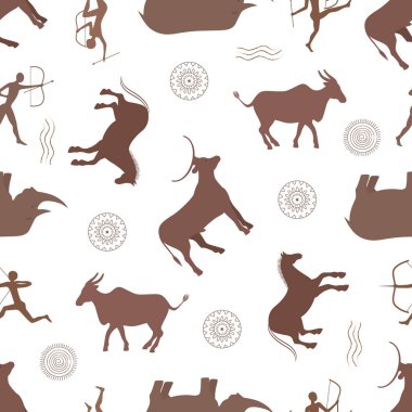 Vahşi antik avlanma ile vektör grafik kusursuz desen. Mağara resmi. Eski Afrikalı insan ve hayvan figürleri. Bufalo, at ve gergedan.