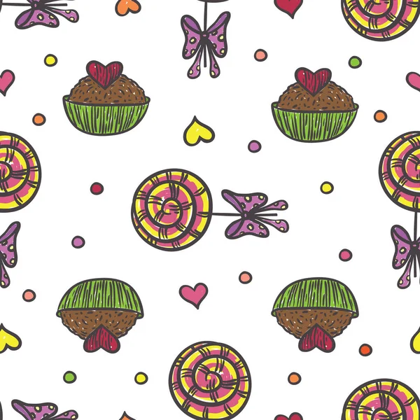 Vector Grafisch Naadloos Patroon Met Vakantie Snoep Snoep Cupcakes Lolly — Stockvector