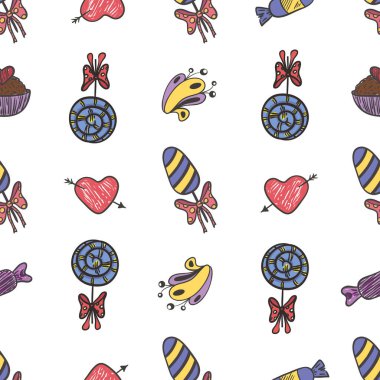 Beyaz bir arkaplanda şekerli ve kalpli vektör grafikli soyut tatil kusursuz desen