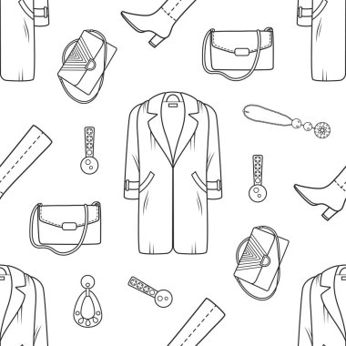 Fashion collection. Vector graphic seamless pattern with womens clothes and accessories on a white background