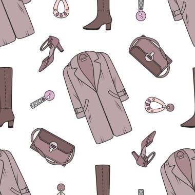 Vector graphic seamless pattern with womens clothes, shoes and accessories on a white background