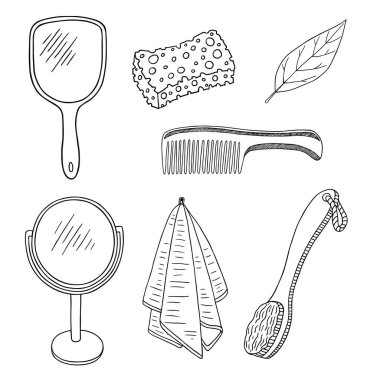 Vector graphic hand drawn illustration with personal care items on a white background. Mirrors, comb, towel, sponge