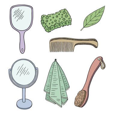 Vector graphic illustration with personal care items. Different objects such as mirrors, comb, towel, sponge and soap