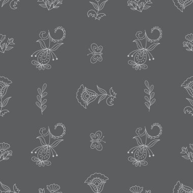 Gri bir arka planda halk tarzında çiçeklerle ilkbaharda pürüzsüz desen