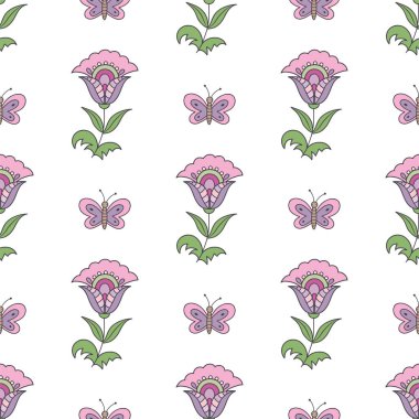 Beyaz bir arka planda kelebeklerle bahar çiçekli, pürüzsüz desen
