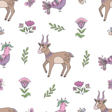 Geyik ve çiçeklerle bembeyaz bir arka planda bahar çiçekleri açan kusursuz desen.
