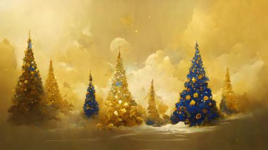 Mavi ve altın yılbaşı ağaçları ormanı altın arka plandaki Noel kartında süslemeler, süslemeler. Altın ve deniz mavisi. Parlak ve parlak mevsim. Selamlar..