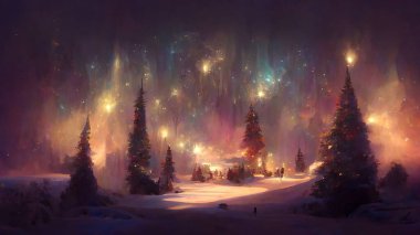 Painted christmas night snowy village with Chistmas tree and Moon. Season greetings card. Santa Claus village clipart