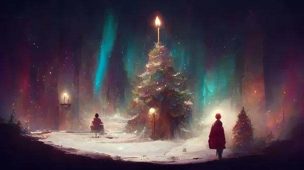 Målade Julgran Skogen Kvällen Med Människor Firar Varm Årstid Gratulationskort — Stockfoto