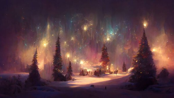 Painted christmas night snowy village with Chistmas tree and Moon. Season greetings card. Santa Claus village