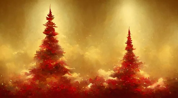 Arany Piros Karácsonyfa Dekorációk Díszek Kártya Háttér Karácsonyi Meghívó Festett — Stock Fotó
