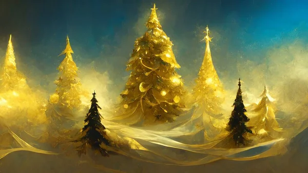 Окрашенные Чирок Золото Елки Леса Фоне Голубого Неба Рождественская Открытка — стоковое фото