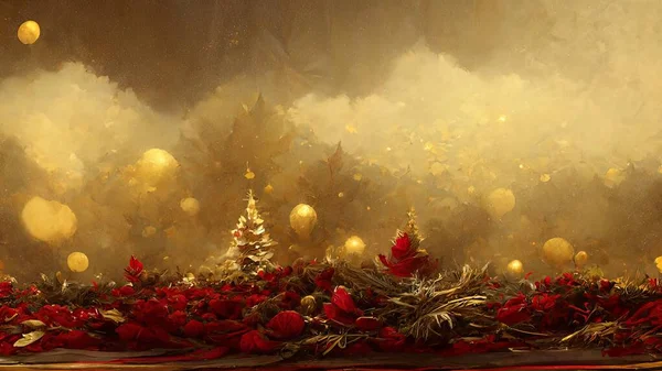 Ouro Vermelho Árvore Natal Decorações Ornamentos Cartão Fundo Convite Natal — Fotografia de Stock