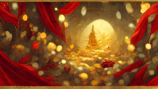 有金红二色的圣诞树 装饰品和装饰品卡片背景 红色和金色相间的贺卡 免版税图库图片