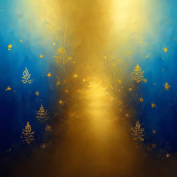 蓝色背景圣诞贺卡上的金色圣诞树 上面有装饰品和装饰品 金黄两色的彩绘 闪烁着灿烂的节日祝福背景 图库图片