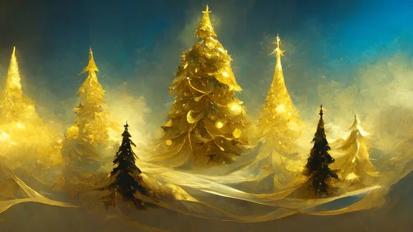 蓝天背景的圣诞贺卡上有彩绘的茶色和金色的圣诞树 上面有装饰品和装饰品 金黄两色的彩绘 闪烁着灿烂的节日祝福背景 图库照片