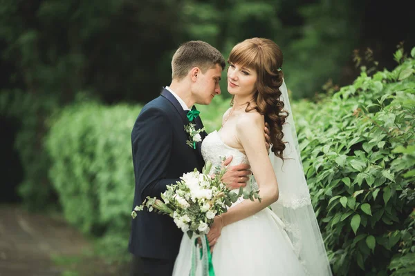 結婚式の日には花束を持って公園を歩く幸せなスタイリッシュな新婚夫婦 — ストック写真