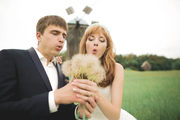 Эмоциональная Красивая Невеста Обнимает Молодоженов Поле Крупным Планом — стоковое фото