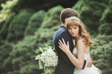 Botanik parkında yürüyen mutlu bir çift..