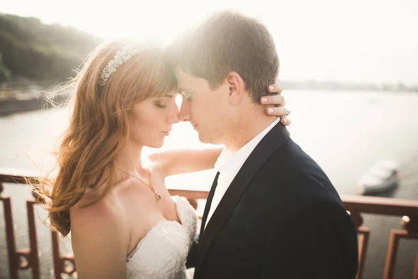 Casal Jovem Noiva Bonita Com Retrato Noivo Ponte Natureza Verão — Fotografia de Stock