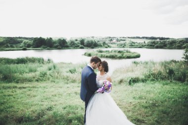 Romantik, peri masalı, mutlu yeni evli çift parkta sarılıp öpüşüyor, arka planda ağaçlar....