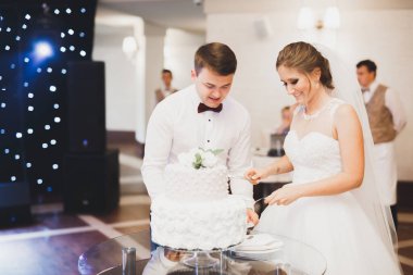 Gelin ve damat düğün pastasını kesiyor..