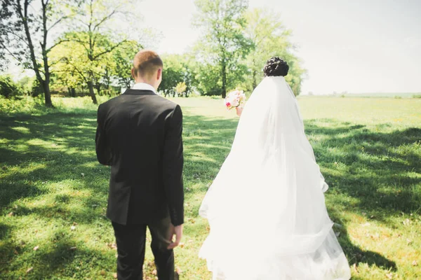 Újdonsült Házaspár Fut Ugrál Parkban Miközben Fogják Egymás Kezét — Stock Fotó