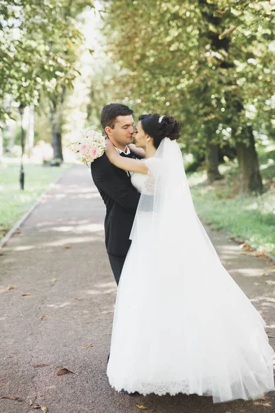 Casal Casamento Feliz Noivo Encantador Noiva Perfeita Posando Parque — Fotografia de Stock