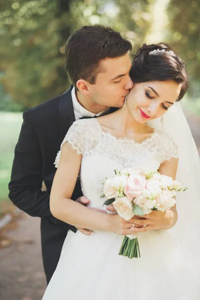 Okouzlující Ženich Šťastný Svatba Pár Dokonalá Nevěsta Pózuje Parku — Stock fotografie