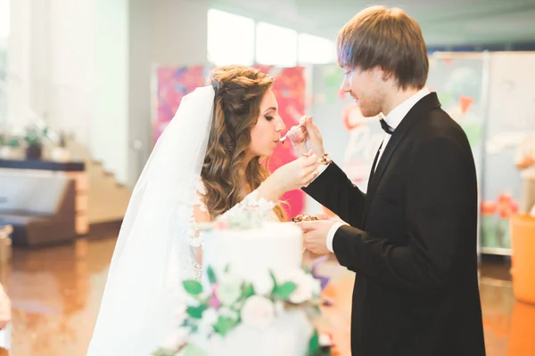 Braut Und Bräutigam Beim Anschneiden Der Hochzeitstorte — Stockfoto